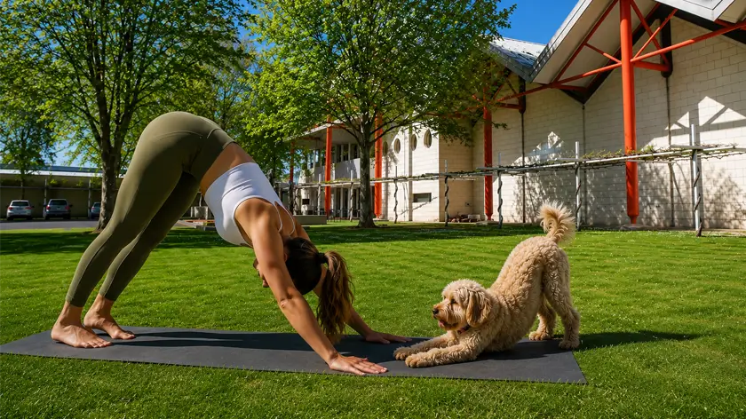 Dog and human doing yoga at Rymill Coonawarra winery
