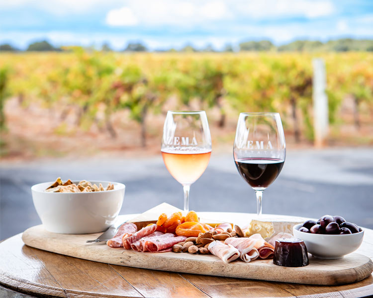 cheese platter and two glasses of wine infront of vineyard on sunny day