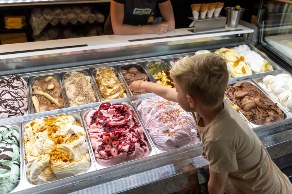 kids selects ice cream from shop