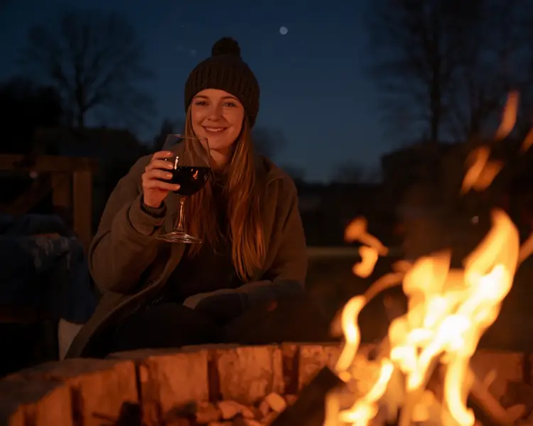 Lady sits by the fire and drinks a glass of Zema Estate Cluny for Coonawarra Cellar Dwellers - Constellations and Cluny